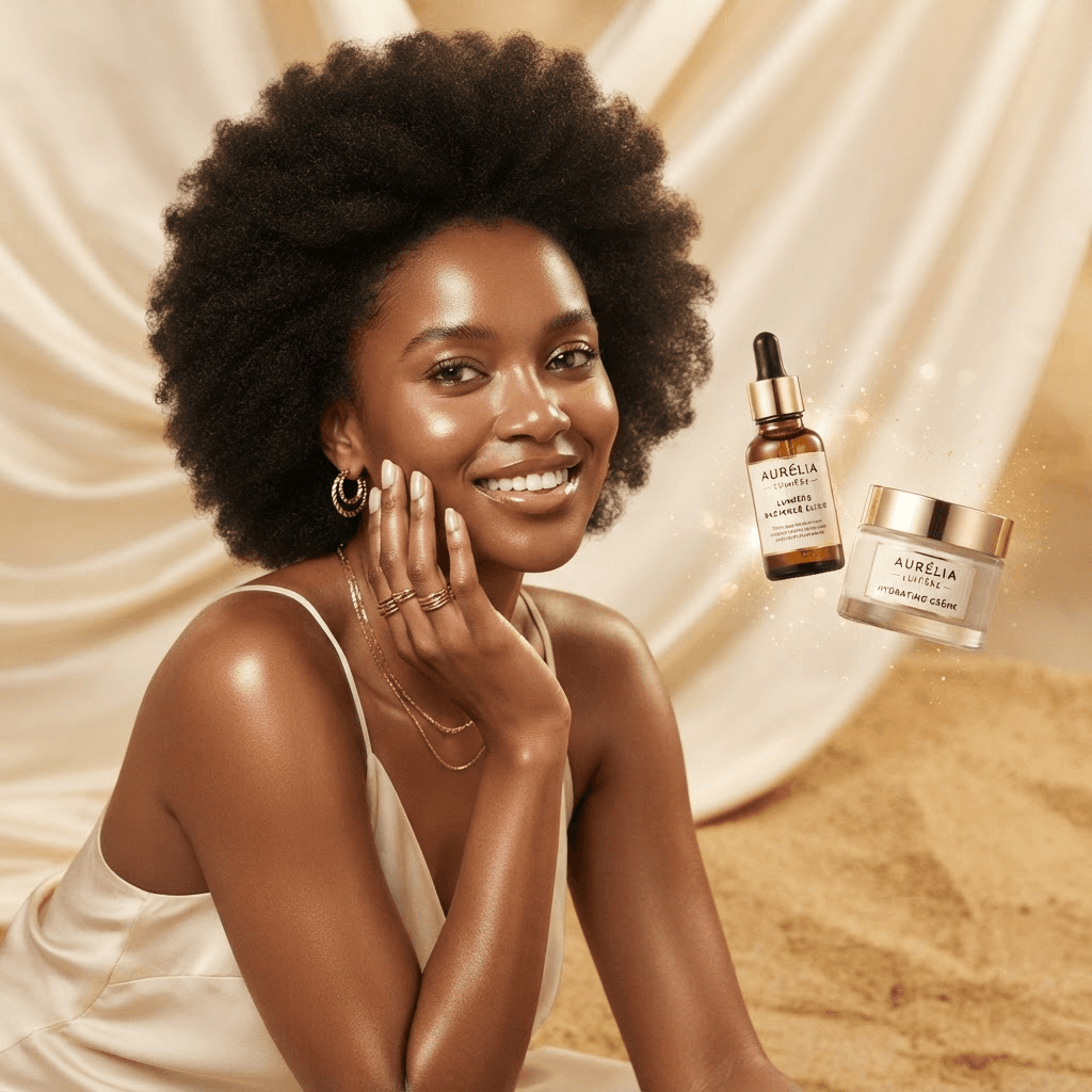 Model with radiant skin holding African-made luxury skincare products